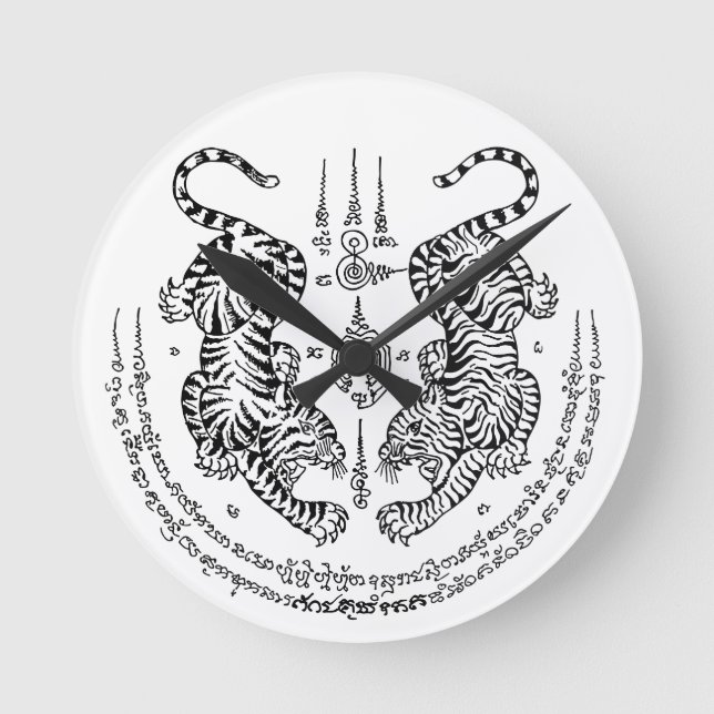 Thai Tattoo Designs Tiger " Yant Suea Koo “ Black Round Clock (Front)