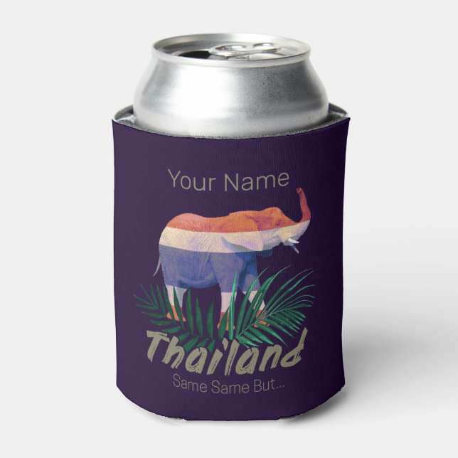 Thailand Elephant Flag Jungle Leaves Thai Souvenir Can Cooler (Can Front)