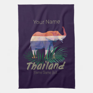 Thailand Elephant Flag Jungle Leaves Thai Souvenir Kitchen Towel