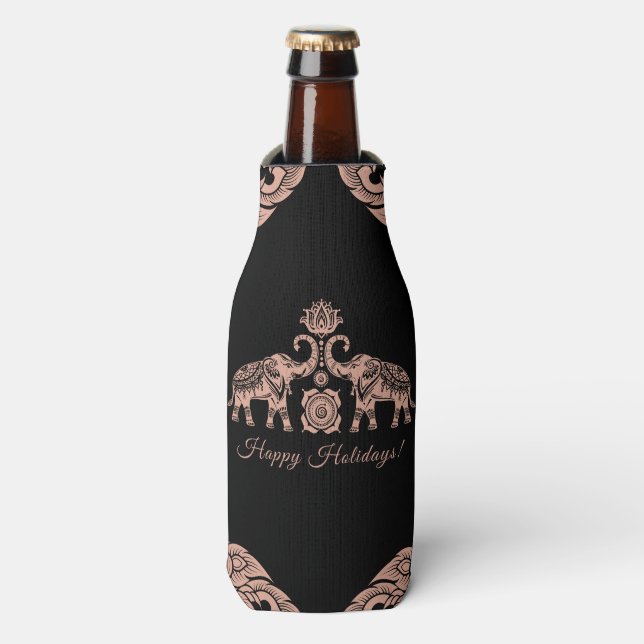 Thailand Elephant Happy Holidays Gift Pink & Black Bottle Cooler (Bottle Front)