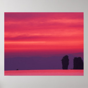 Thailand, Phang Nga Bay. Pink sky reflected in Poster