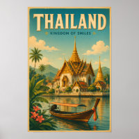 Thailand Temple Illustration Travel Art Vintage
