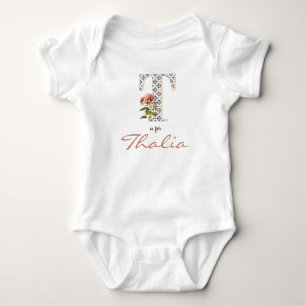 Thalia name Reveal Floral Letter T Pink Flower Baby Bodysuit