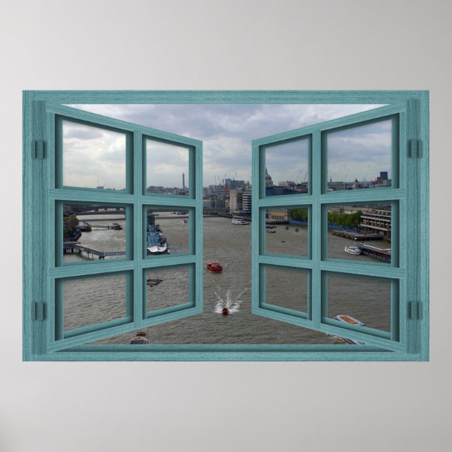 Thames River Through A 6 Pane Open Window Poster (Front)