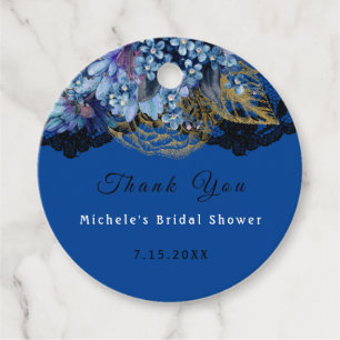 Than You Name Royal Blue Black Florals Bridal Lace Favour Tags