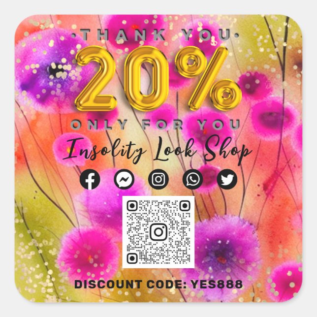 Thank 20%Off QRCODE Logo Discount Pink Floral Gold Square Sticker (Front)