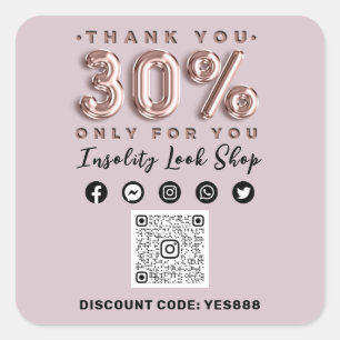 Thank 30% Off QR CODE Logo Discount Pink Rose Square Sticker