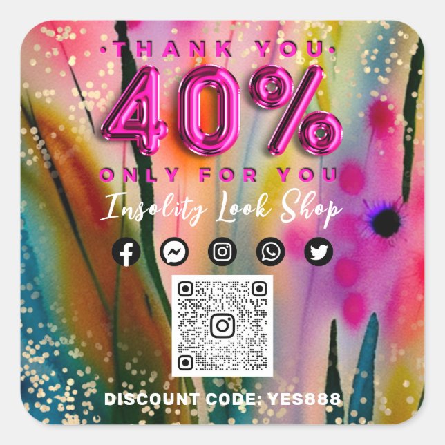 Thank 40% Off QR CODE Logo Discount Floral Gold Square Sticker (Front)