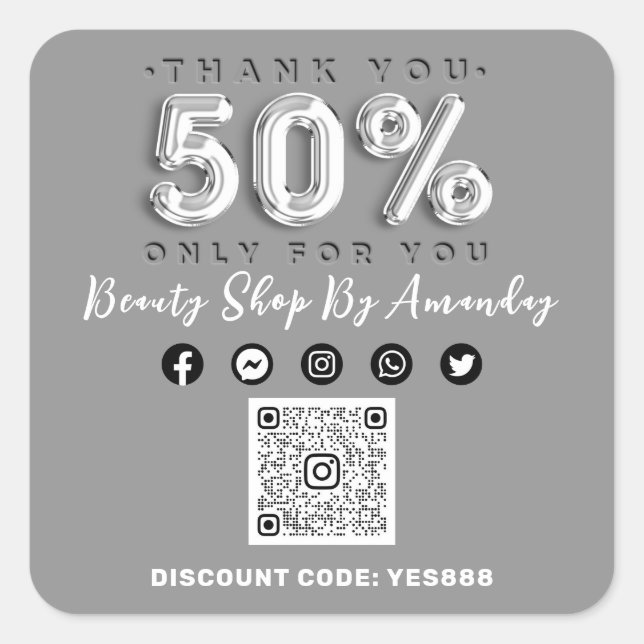 Thank 50% Off QR CODE Logo Discount Grey Silver Square Sticker (Front)