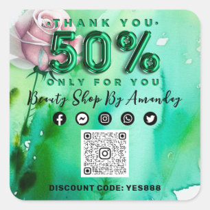 Thank 50% Off QR CODE Logo Discount Rose Green Square Sticker