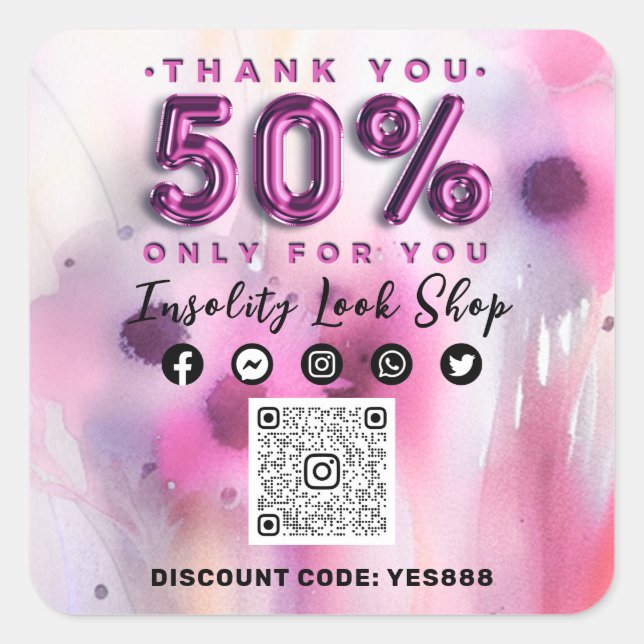 Thank 50% Off QRCODE Logo Discount Code Floral Square Sticker (Front)