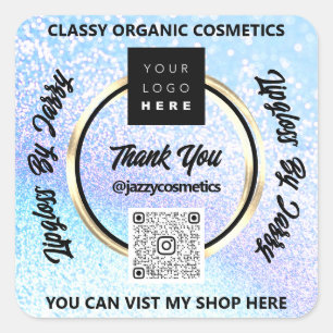 Thank Business QR Code Logo Blue Glitter Square Sticker