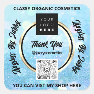 Thank Business QR Code Logo Blue Spark Glitter Square Sticker
