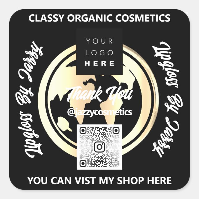 Thank Business QR Code Logo Gold Black Square Sticker (Front)