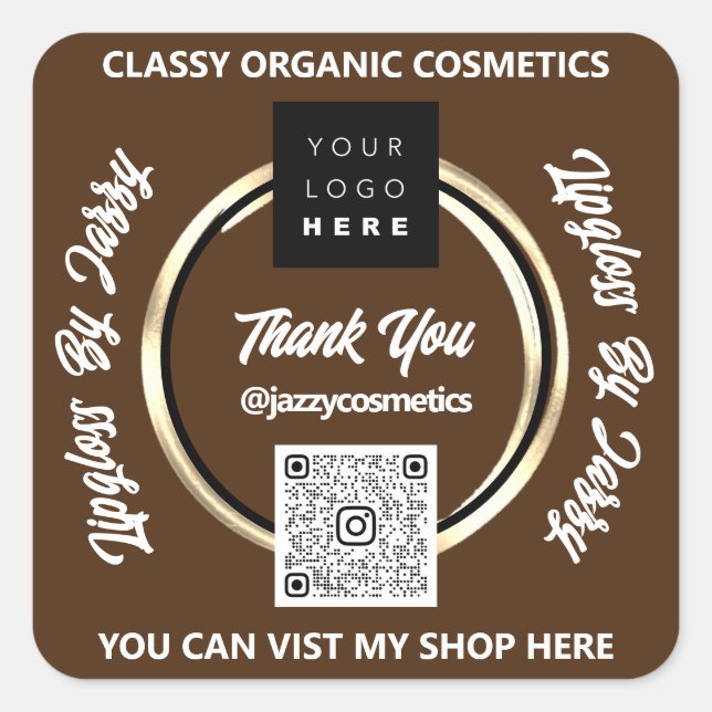 Thank Business QR Code Logo Gold Brown Square Sticker (Front)