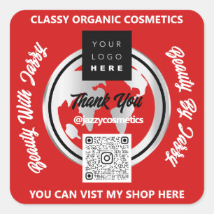 Thank Business QR Code Logo Gold MAP Globe Red  Square Sticker