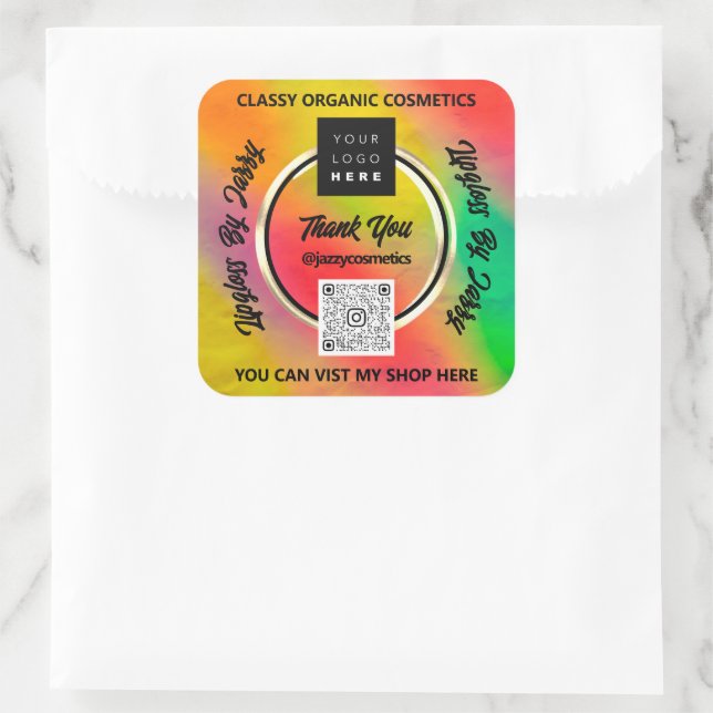 Thank Business QR Code Logo Holographic Gold Frame Square Sticker (Bag)