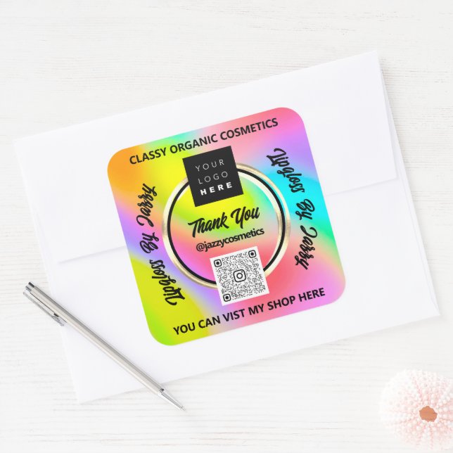 Thank Business QR Code Logo Holographic Gold Pink Square Sticker (Envelope)