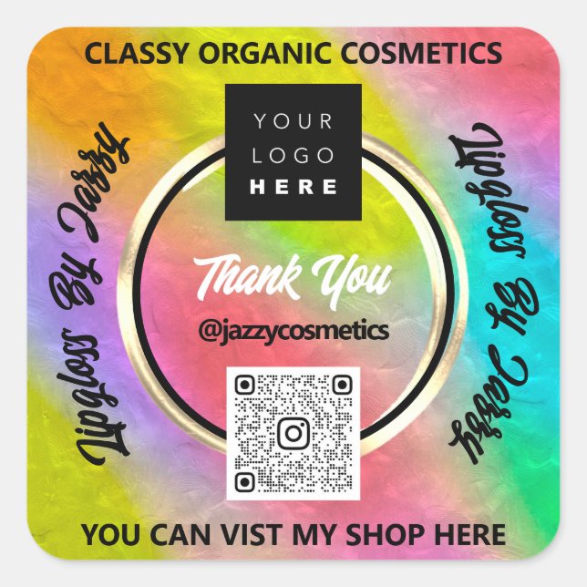 Thank Business QR Code Logo Rainbow Holographic Square Sticker (Front)