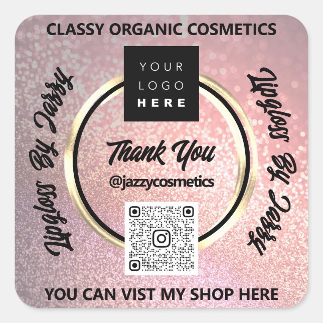 Thank Business QR Code Logo Rose Gold Glitter Square Sticker (Front)