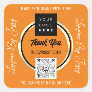 Thank Business QR Code Logo Scan Gold Coral Square Sticker
