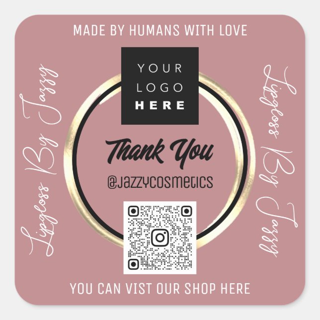 Thank Business QR Code Logo Scan Gold Rose Square Sticker (Front)