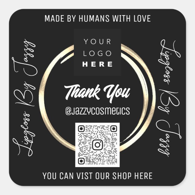 Thank Business QR Code Logo Scan Me Black White Square Sticker (Front)