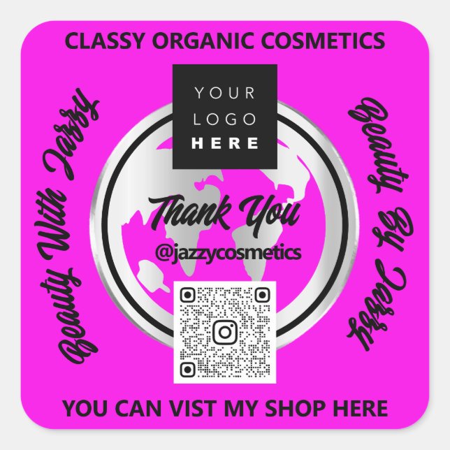 Thank Business QR Code Logo Silver Map GlobeTravel Square Sticker (Front)