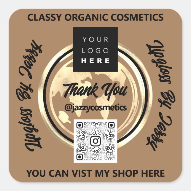 Thank Business QR Code Logo World Map Earth Brown Square Sticker (Front)
