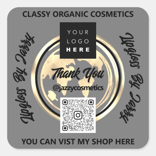 Thank Business QR Code Logo World Map Earth Grey Square Sticker (Front)