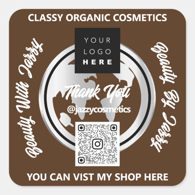 Thank Business QRCode Logo Silver Map Globe Brown Square Sticker (Front)