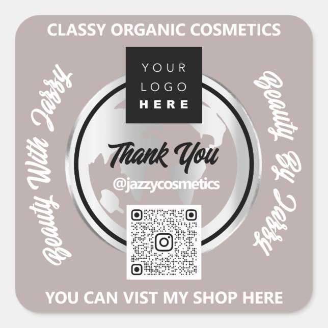 Thank Business QRCode Logo Silver Map Globe Rose Square Sticker (Front)