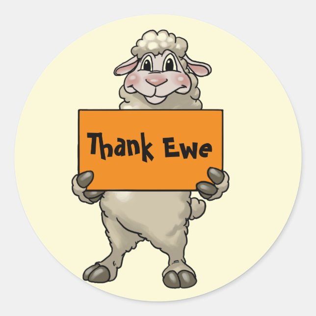 Thank Ewe Funny Cartoon Sheep with Sign Classic Round Sticker (Front)