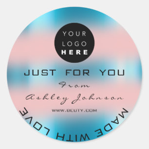 Thank Logo Holograph Made Rose Ombre Blue Classic Round Sticker