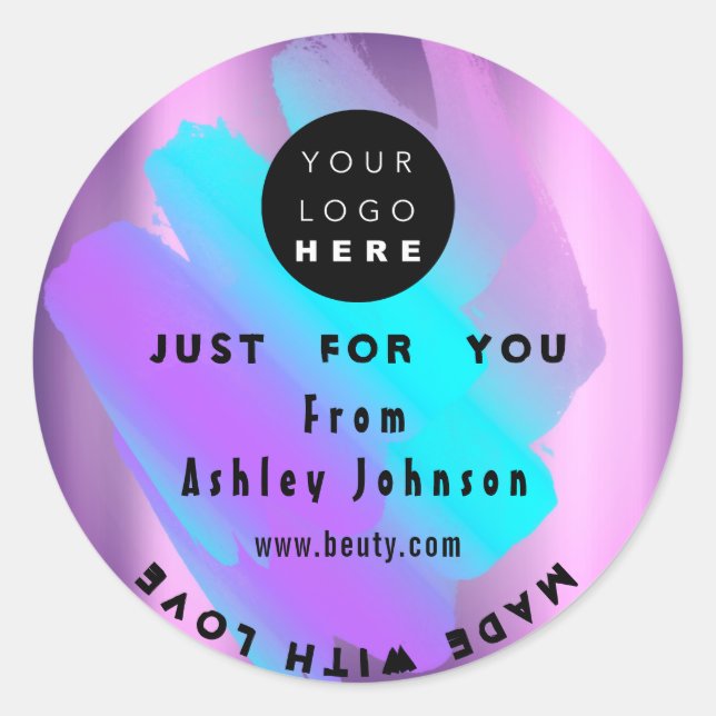 Thank Logo Holograph Made With Love Blue Strokes  Classic Round Sticker (Front)