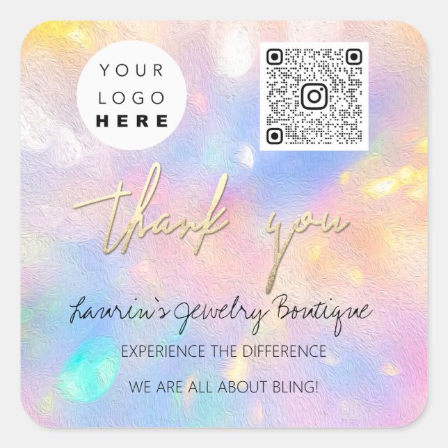 Thank  Logo QrCode Online Shop Holographic Square Sticker (Front)