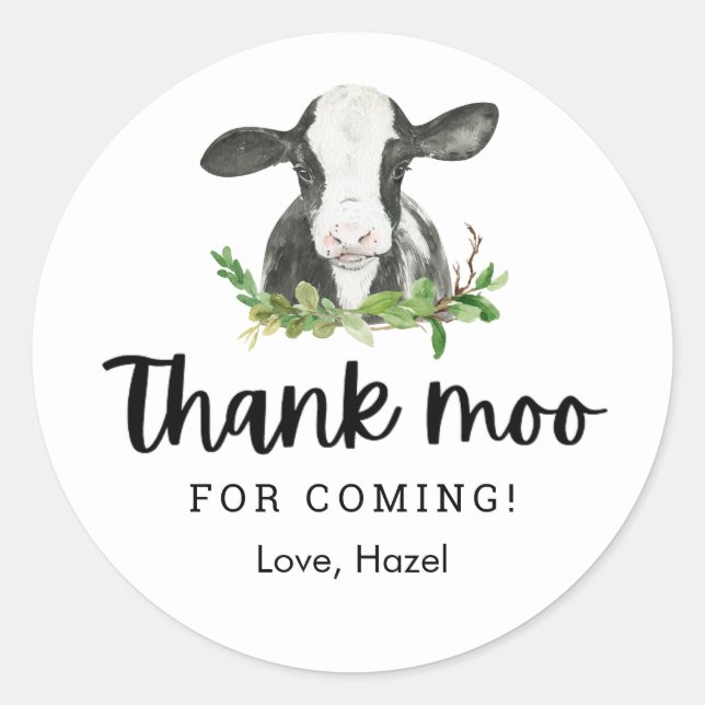 Thank Moo For Coming Cow Theme Birthday Thank Yo Classic Round Sticker (Front)
