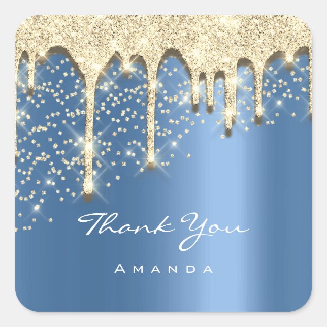 Thank Name 16th Baby Shower Glitter 3D Blue Gold Square Sticker (Front)