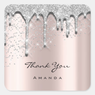 Thank Name 16th Baby Shower Glitter 3D Silver Rose Square Sticker