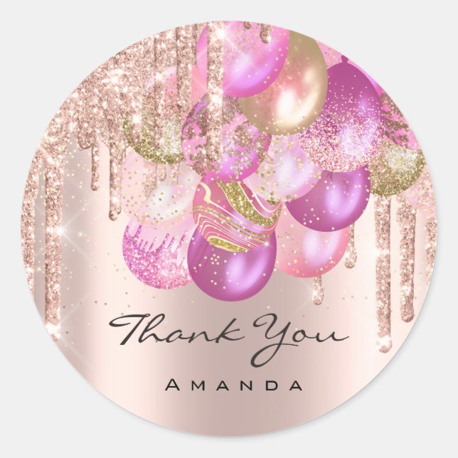 Thank Name 16th Bridal Rose Glitter Ballon Confett Classic Round Sticker (Front)