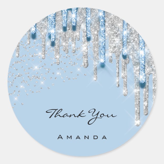 Thank Name 16th Bridal Silver Glitter 3D Blue Classic Round Sticker (Front)
