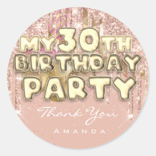 Thank Name 30th Birthday PartyGlitter Ballon Gold Classic Round Sticker