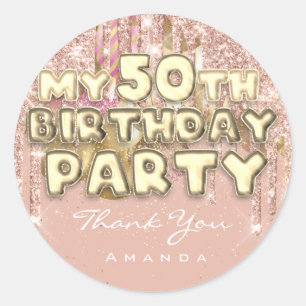 Thank Name 50th Birthday PartyGlitter Ballon Gold Classic Round Sticker