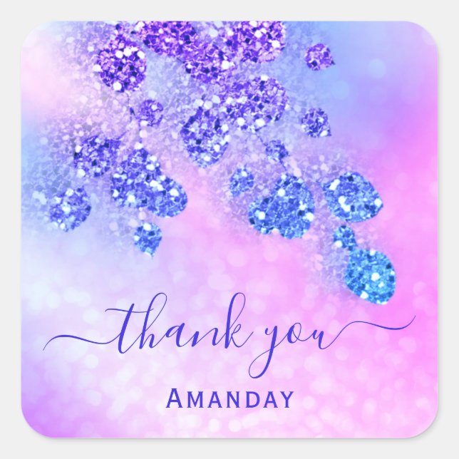 Thank Name Holograph Pink Bridal Royal Blue Cobalt Square Sticker (Front)