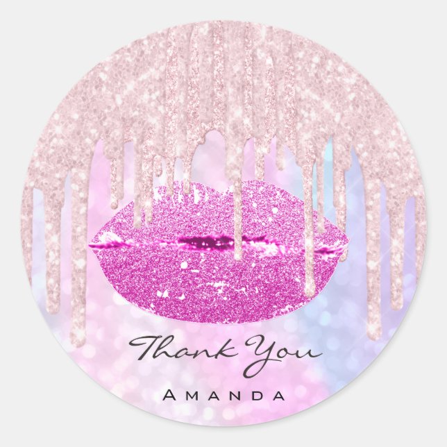 Thank Name Sweet16th Bridal Pink Holographic Lips Classic Round Sticker (Front)