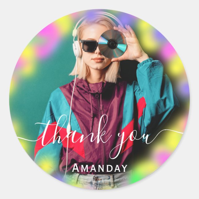 Thank Photo Neon Pink Birthday Party Music CD Classic Round Sticker (Front)