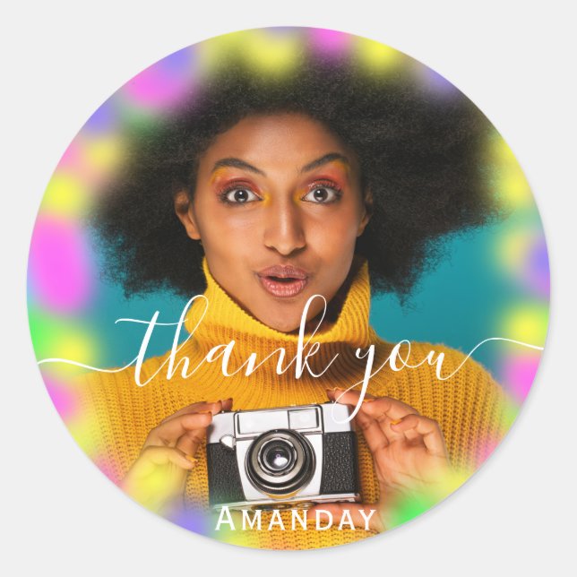 Thank Photo Neon Pink Party Holographic Graduate Classic Round Sticker (Front)