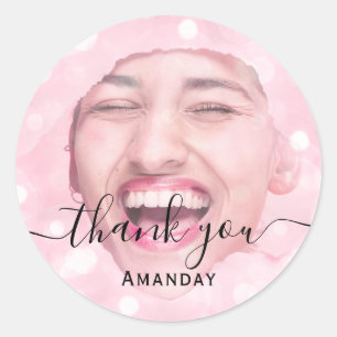 Thank Photo  Pink Birthday Party Blush Pink Classic Round Sticker