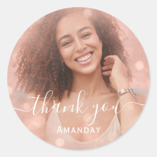 Thank Photo  Pink Birthday Party Blush Rose Classic Round Sticker