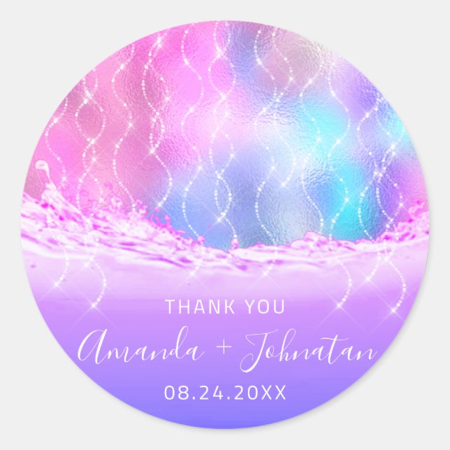 Thank Rose Name Date Spark Blue Ocean Waves Pink Classic Round Sticker (Front)